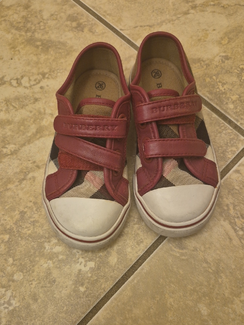 Burberry Kids Red Leather & Beige Check Velcro Sneakers